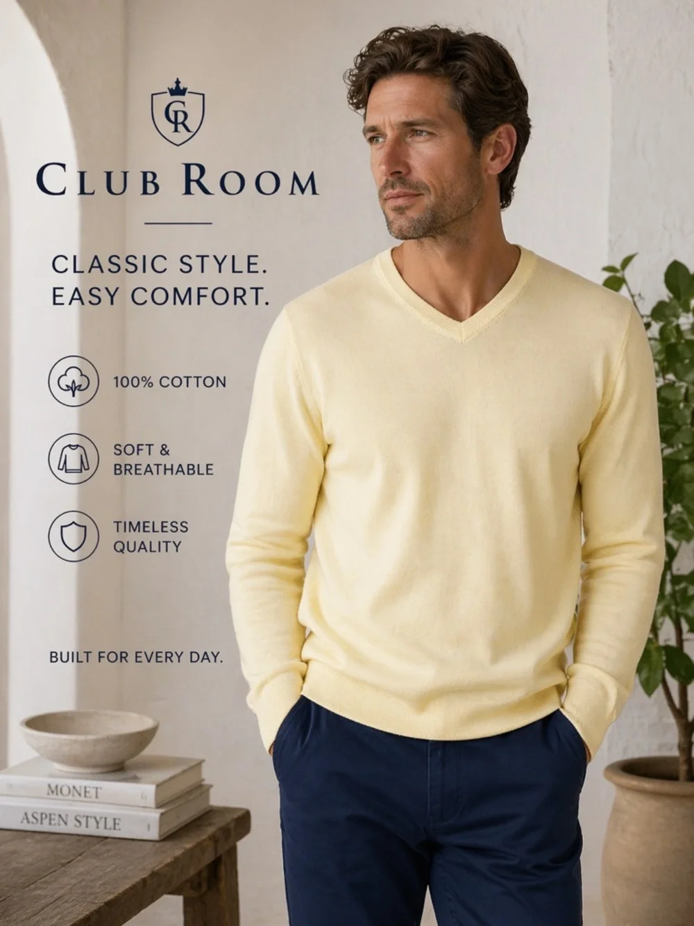 Club Room Cream 100%‎ Cotton Sweater spring yellow men’s XL